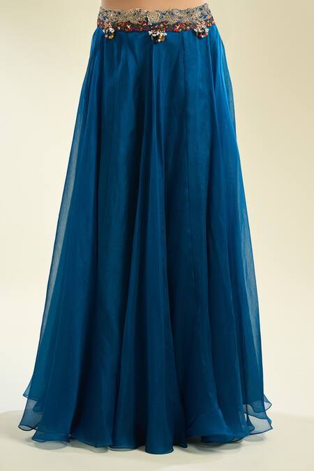 Buy_Prisho_Blue Chiffon Sequins, Zari, Embroidery Round Neck Floral Blouse And Skirt 