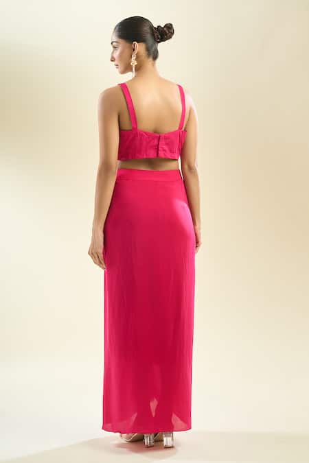 Buy_Prisho_Fuchsia Chiffon Embroidery, Zari, Sequins, Floral Kaftan And Draped Skirt Set _Online_at_Aza_Fashions