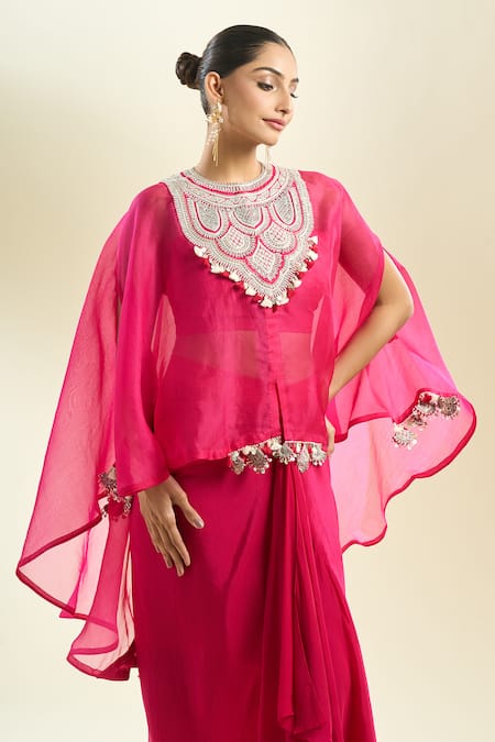 Prisho_Fuchsia Chiffon Embroidery, Zari, Sequins, Floral Kaftan And Draped Skirt Set _at_Aza_Fashions
