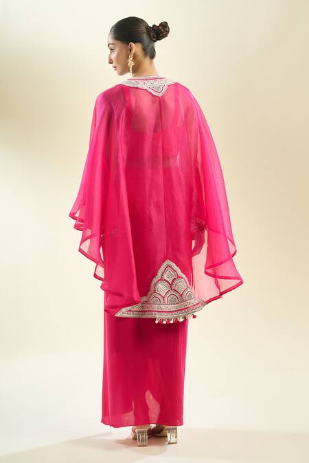 Shop_Prisho_Fuchsia Chiffon Embroidery, Zari, Sequins, Floral Kaftan And Draped Skirt Set _at_Aza_Fashions
