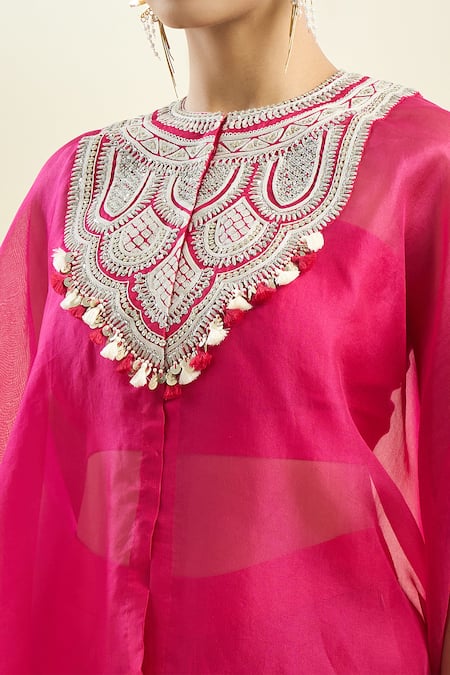 Buy_Prisho_Fuchsia Chiffon Embroidery, Zari, Sequins, Floral Kaftan And Draped Skirt Set 