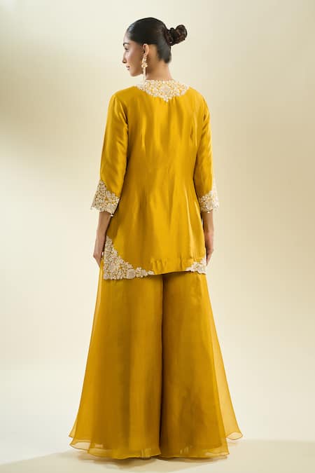 Shop_Prisho_Yellow Chiffon Embroidery, Sequins, Pearls Round Neck Floral Kurta Sharara Set _at_Aza_Fashions