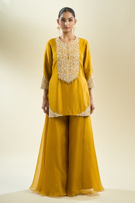 Prisho_Yellow Chiffon Embroidery, Sequins, Pearls Round Neck Floral Kurta Sharara Set _Online_at_Aza_Fashions