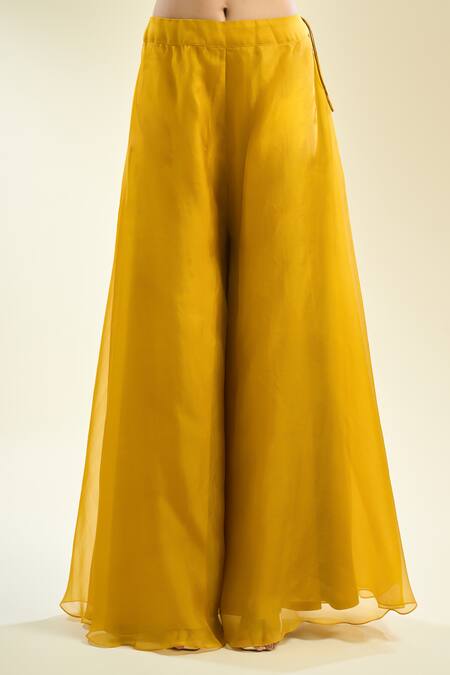 Buy_Prisho_Yellow Chiffon Embroidery, Sequins, Pearls Round Neck Floral Kurta Sharara Set _Online_at_Aza_Fashions