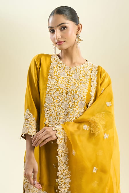 Shop_Prisho_Yellow Chiffon Embroidery, Sequins, Pearls Round Neck Floral Kurta Sharara Set _Online_at_Aza_Fashions