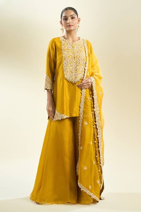 Prisho_Yellow Chiffon Embroidery, Sequins, Pearls Round Neck Floral Kurta Sharara Set _at_Aza_Fashions