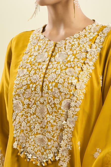 Buy_Prisho_Yellow Chiffon Embroidery, Sequins, Pearls Round Neck Floral Kurta Sharara Set 