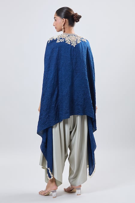 Shop_Prisho_Blue Cotton Fabric Flowers V-neck Resham Embroidered Kaftan Set _at_Aza_Fashions