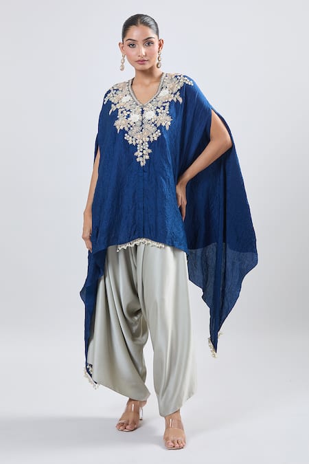 Prisho_Blue Cotton Fabric Flowers V-neck Resham Embroidered Kaftan Set _Online_at_Aza_Fashions