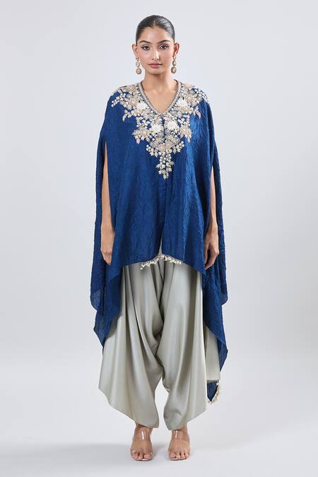 Prisho_Blue Cotton Fabric Flowers V-neck Resham Embroidered Kaftan Set _at_Aza_Fashions