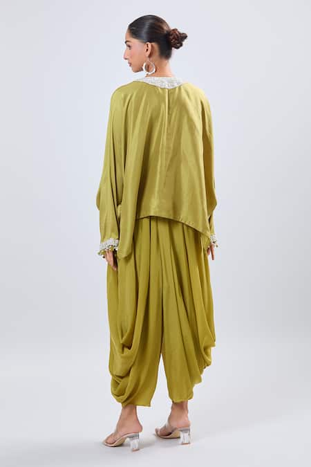 Shop_Prisho_Green Silk Embroidery V-neck Kaftan And Dhoti Pant Set _at_Aza_Fashions