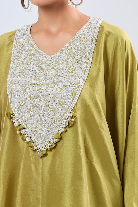 Prisho_Green Silk Embroidery V-neck Kaftan And Dhoti Pant Set _Online_at_Aza_Fashions
