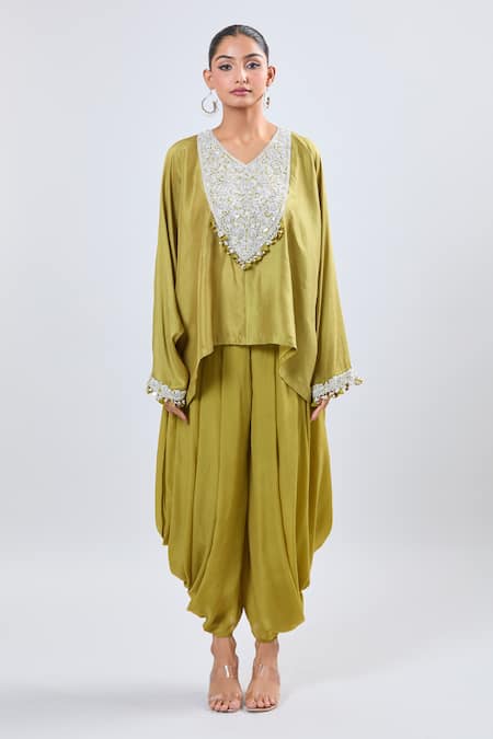 Buy_Prisho_Green Silk Embroidery V-neck Kaftan And Dhoti Pant Set _Online_at_Aza_Fashions
