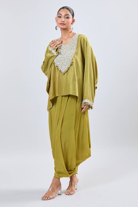 Shop_Prisho_Green Silk Embroidery V-neck Kaftan And Dhoti Pant Set _Online_at_Aza_Fashions