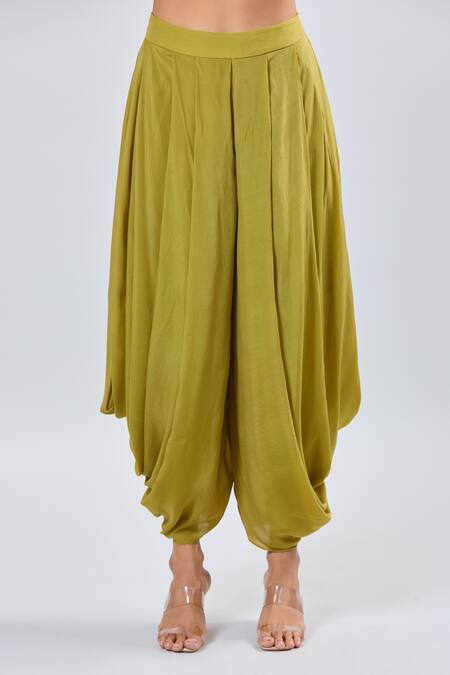 Prisho_Green Silk Embroidery V-neck Kaftan And Dhoti Pant Set _at_Aza_Fashions