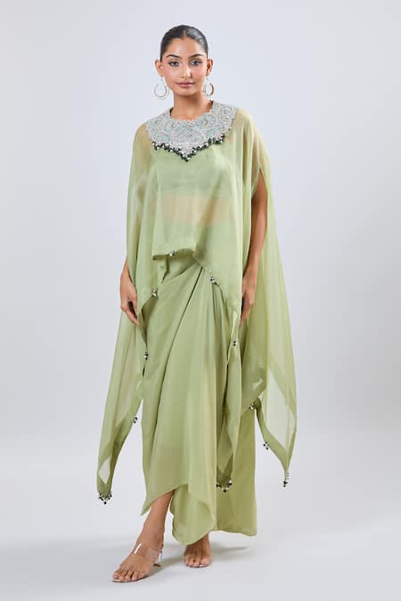 Prisho_Green Chiffon Embroidery Round Neck Dori Cape Set _Online_at_Aza_Fashions