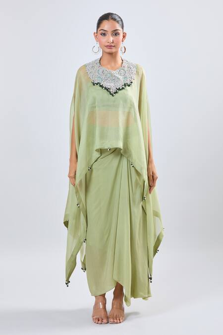 Buy_Prisho_Green Chiffon Embroidery Round Neck Dori Cape Set _Online_at_Aza_Fashions