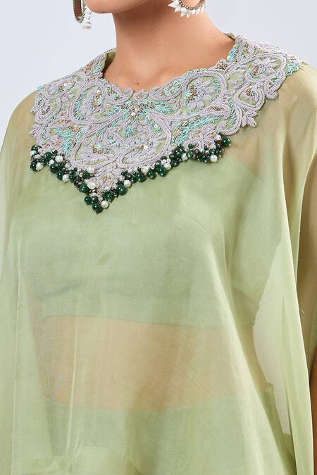 Buy_Prisho_Green Chiffon Embroidery Round Neck Dori Cape Set 