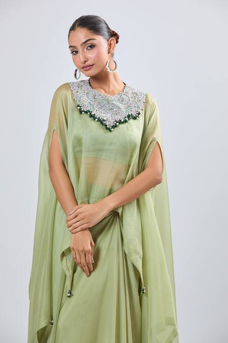 Shop_Prisho_Green Chiffon Embroidery Round Neck Dori Cape Set 