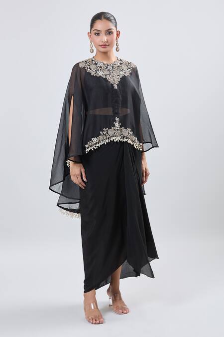 Prisho_Black Georgette Embroidery Round Neck Cape And Draped Skirt Set _Online_at_Aza_Fashions