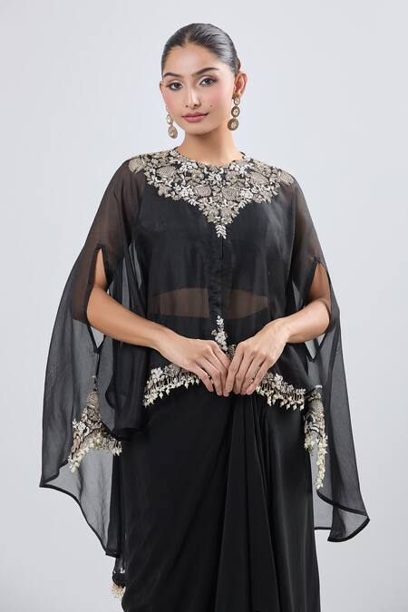 Buy_Prisho_Black Georgette Embroidery Round Neck Cape And Draped Skirt Set _Online_at_Aza_Fashions