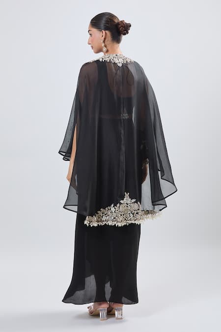 Shop_Prisho_Black Georgette Embroidery Round Neck Cape And Draped Skirt Set _at_Aza_Fashions