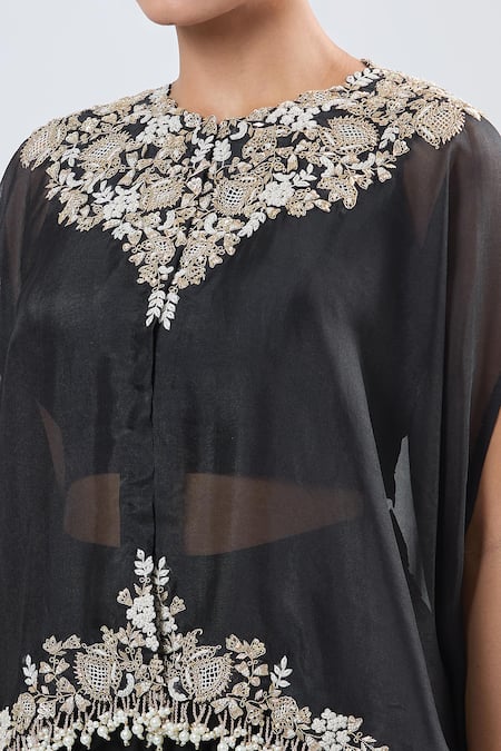 Buy_Prisho_Black Georgette Embroidery Round Neck Cape And Draped Skirt Set 