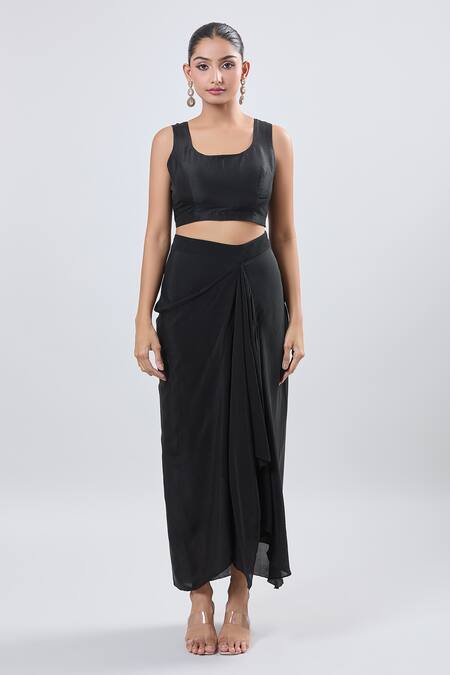 Shop_Prisho_Black Georgette Embroidery Round Neck Cape And Draped Skirt Set 