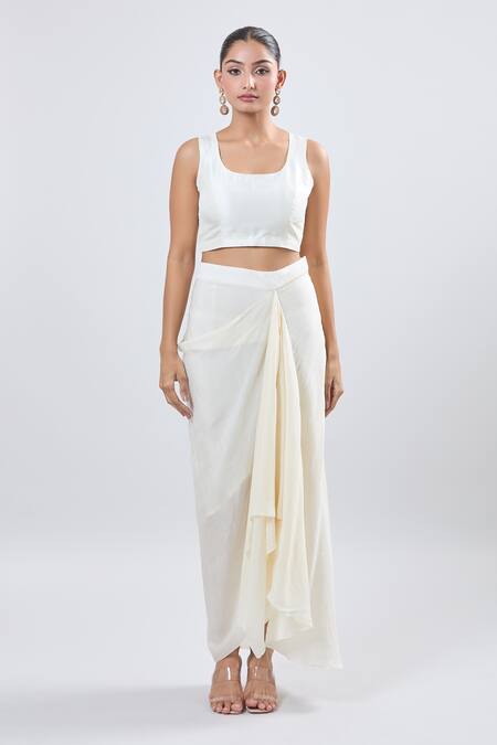Prisho_Ivory Embroidery Round Neck Cape And Draped Skirt Set _Online_at_Aza_Fashions