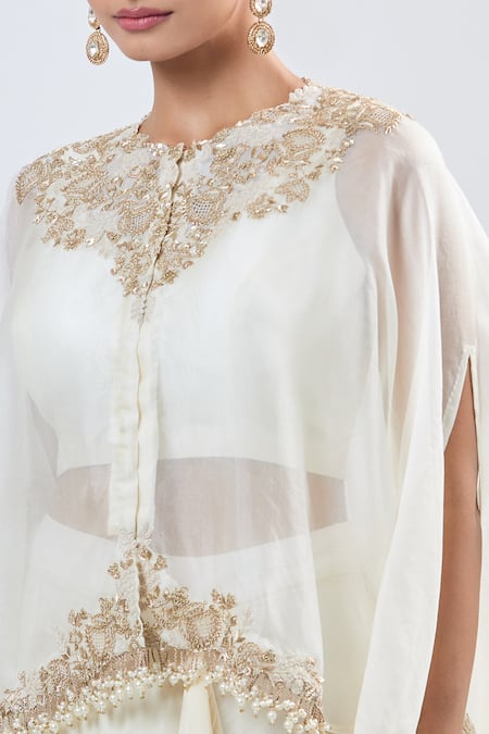 Buy_Prisho_Ivory Embroidery Round Neck Cape And Draped Skirt Set _Online_at_Aza_Fashions