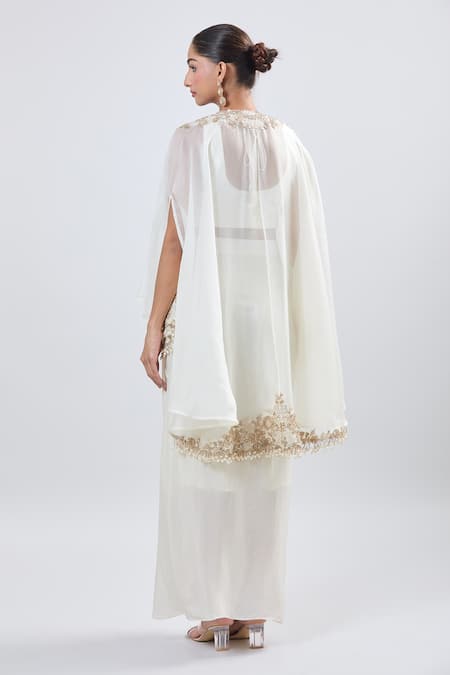 Shop_Prisho_Ivory Embroidery Round Neck Cape And Draped Skirt Set _at_Aza_Fashions