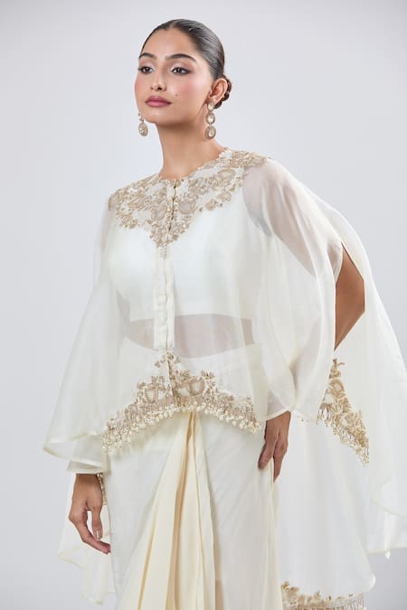 Prisho_Ivory Embroidery Round Neck Cape And Draped Skirt Set _at_Aza_Fashions