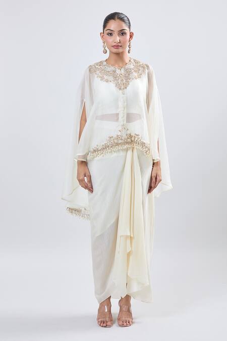 Buy_Prisho_Ivory Embroidery Round Neck Cape And Draped Skirt Set 