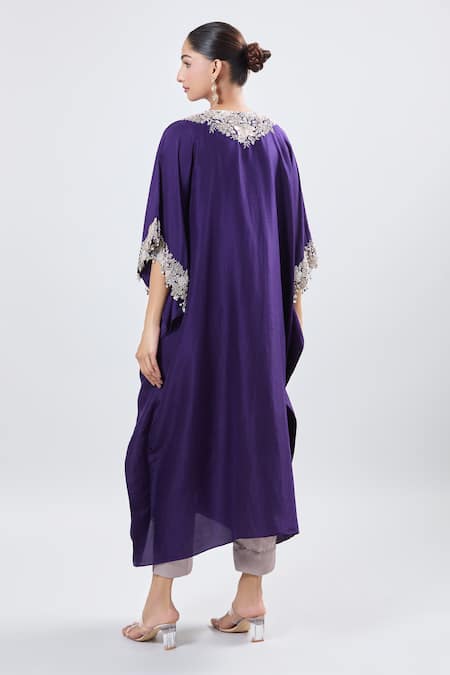 Prisho Purple Lampi Embroidered Kaftan & Pant Set 