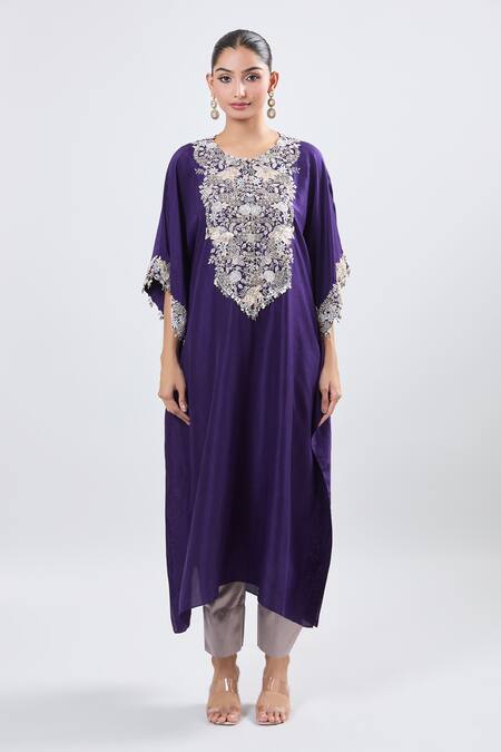 Buy Prisho Purple Cotton, Polyester Embroidery Round Neck Lampi Kaftan And Pant Set Online at Aza Fashions Buy_Prisho_Purple Cotton, Polyester Embroidery Round Neck Lampi Kaftan And Pant Set _Online_at_Aza_Fashions