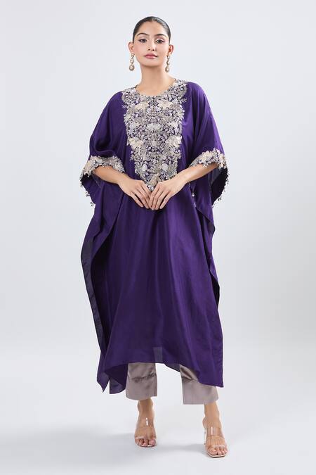 Shop Prisho Purple Cotton, Polyester Embroidery Round Neck Lampi Kaftan And Pant Set Online at Aza Fashions Shop_Prisho_Purple Cotton, Polyester Embroidery Round Neck Lampi Kaftan And Pant Set _Online_at_Aza_Fashions