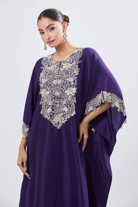 Prisho Purple Cotton, Polyester Embroidery Round Neck Lampi Kaftan And Pant Set at Aza Fashions Prisho_Purple Cotton, Polyester Embroidery Round Neck Lampi Kaftan And Pant Set _at_Aza_Fashions