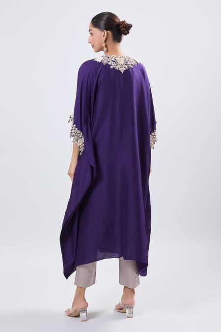 Shop_Prisho_Purple Cotton Round Neck 3d Flower Embroidered Kaftan With Pant _at_Aza_Fashions
