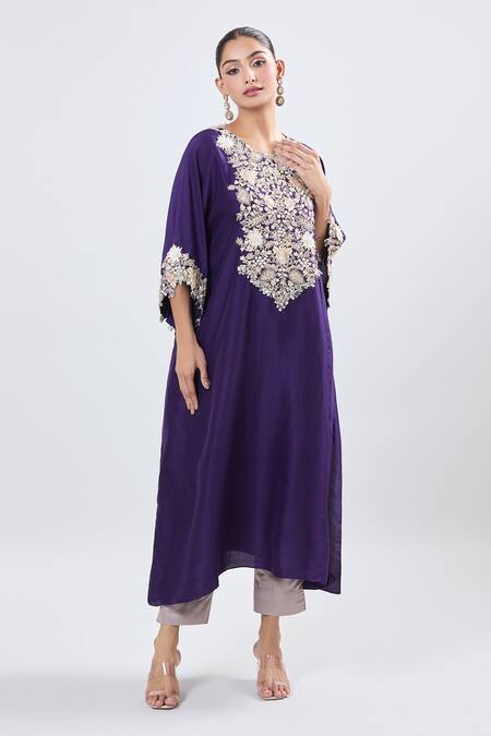Prisho_Purple Cotton Round Neck 3d Flower Embroidered Kaftan With Pant _Online_at_Aza_Fashions