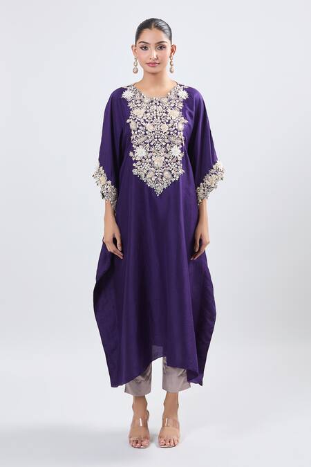 Shop_Prisho_Purple Cotton Round Neck 3d Flower Embroidered Kaftan With Pant _Online_at_Aza_Fashions