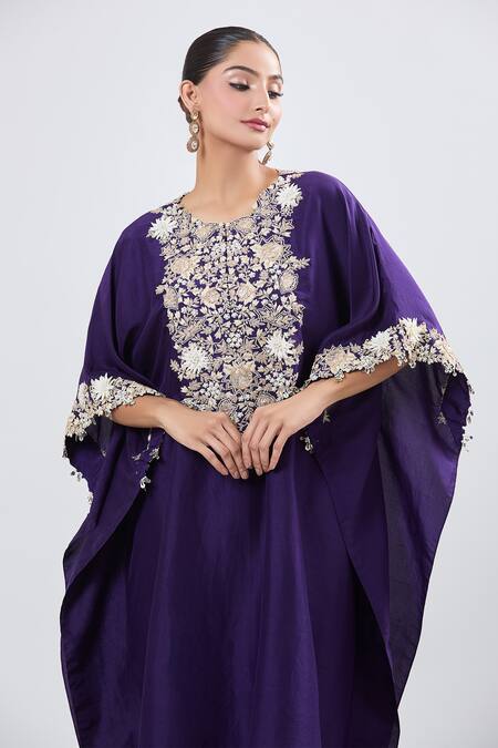 Prisho_Purple Cotton Round Neck 3d Flower Embroidered Kaftan With Pant _at_Aza_Fashions