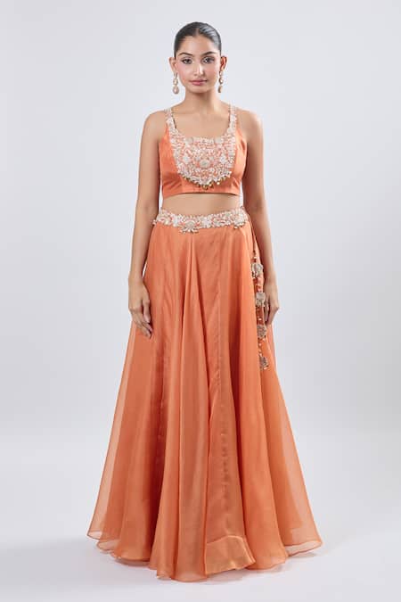 Prisho_Orange Chiffon Embroidery Round Neck Fusion Lehenga Set _Online_at_Aza_Fashions