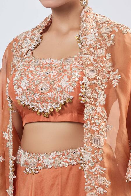 Buy_Prisho_Orange Chiffon Embroidery Round Neck Fusion Lehenga Set _Online_at_Aza_Fashions