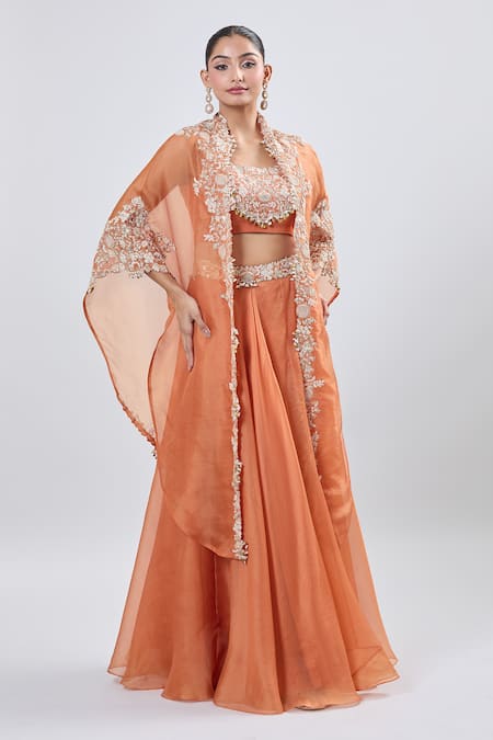 Shop_Prisho_Orange Chiffon Embroidery Round Neck Fusion Lehenga Set _Online_at_Aza_Fashions