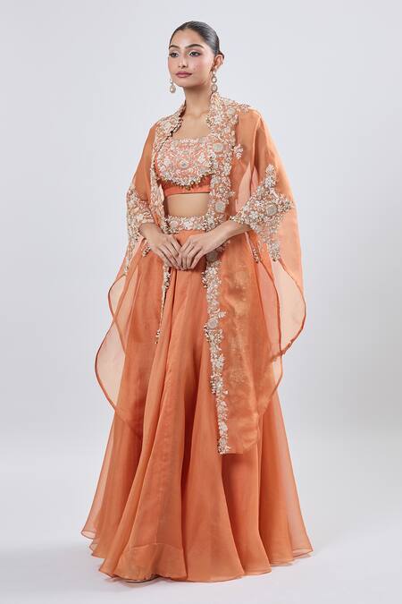 Prisho_Orange Chiffon Embroidery Round Neck Fusion Lehenga Set _at_Aza_Fashions