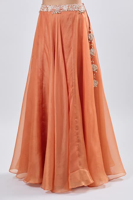 Buy_Prisho_Orange Chiffon Embroidery Round Neck Fusion Lehenga Set 