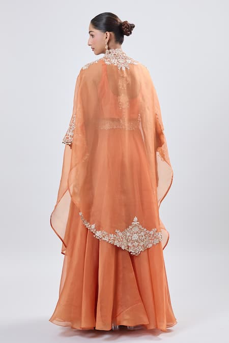 Shop_Prisho_Orange Chiffon Embroidery Round Neck Fusion Lehenga Set _at_Aza_Fashions