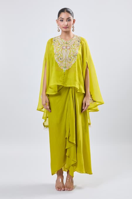 Prisho_Green Chiffon Embroidery Round Neck Cape And Draped Skirt Set _Online_at_Aza_Fashions