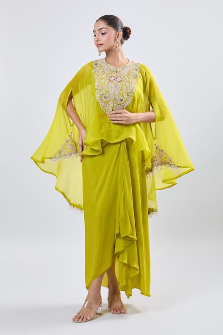 Buy_Prisho_Green Chiffon Embroidery Round Neck Cape And Draped Skirt Set _Online_at_Aza_Fashions