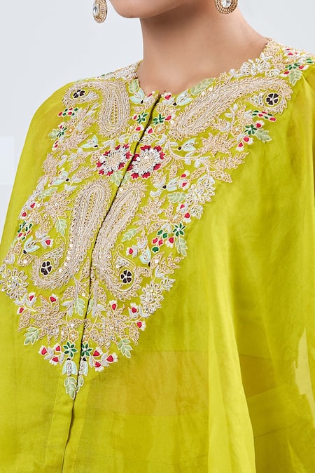 Shop_Prisho_Green Chiffon Embroidery Round Neck Cape And Draped Skirt Set _Online_at_Aza_Fashions